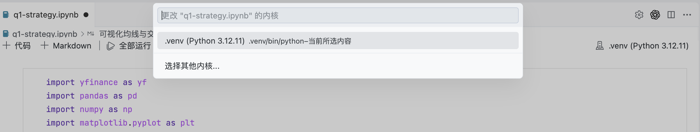 选择 notebook 使用的 Python 核